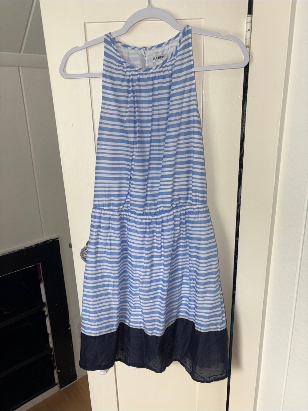 Old Navy Light Blue & White Striped Sleeveless Dress with Navy Band
